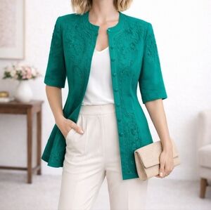R&M Richards Vintage Teal Embroidered Short Sleeve Jacket
